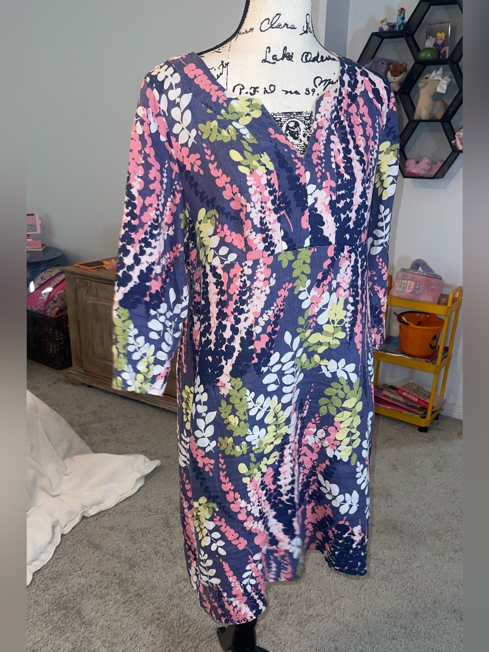 Boden- Floral Navy Women's Dress in Pink & Olive zips on the side - Picture 5 of 14